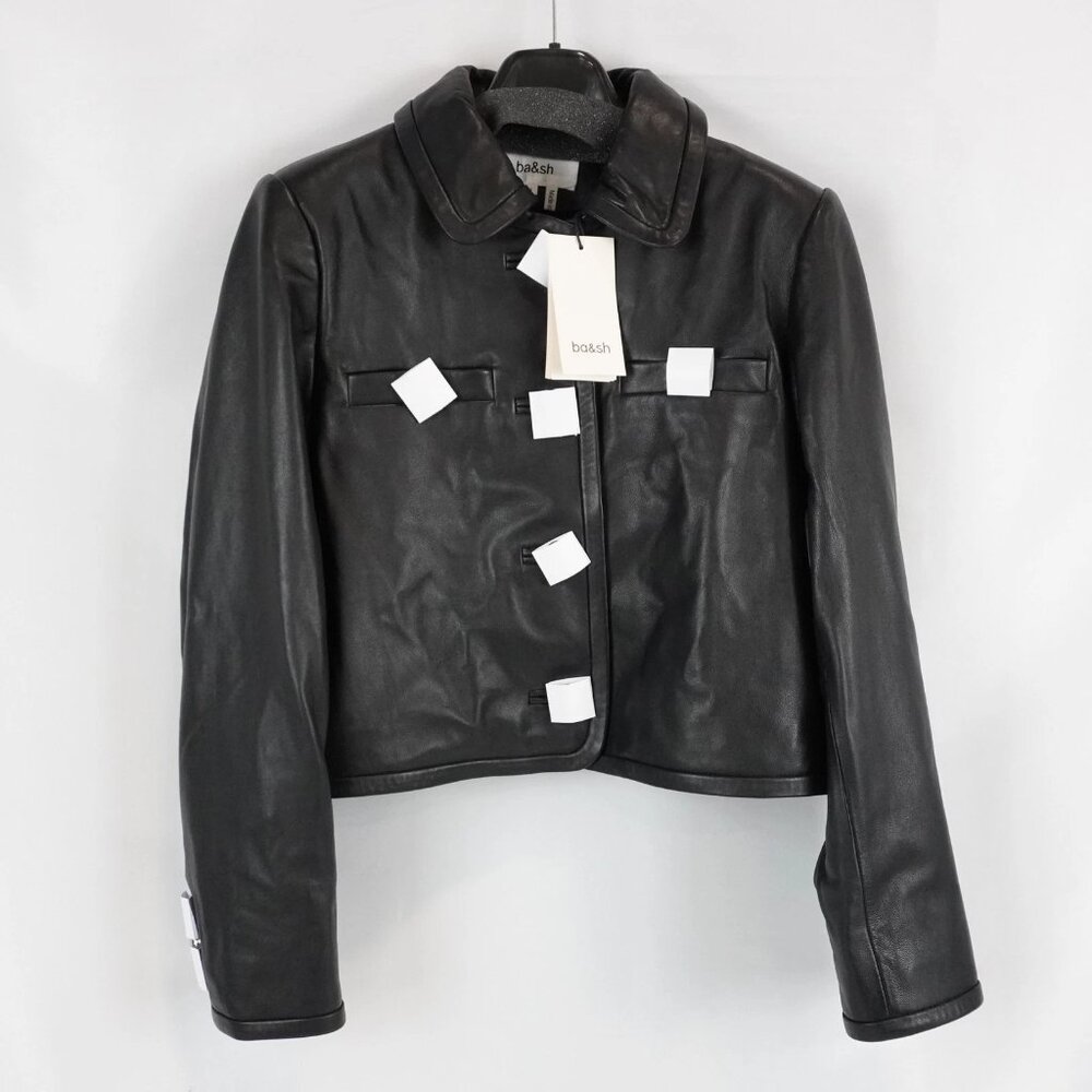 ba&sh Alexia Structured Cropped Leather Jacket in Black With Button Closure - Picture 3 of 12